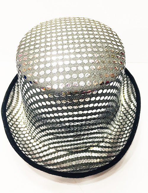 Parlak Pul İşlemeli Siyah Gümüş Renk Yetişkin Fötr Parti Şapkası