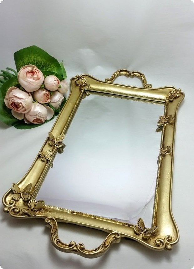 Dikdörtgen Kelebek Desenli Aynalı Söz,Nişan,Nikah Yüzük Tepsisi