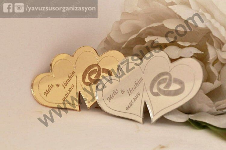 7x4 cm Yüzüklü çift kalp pleksi ayna GUMUS