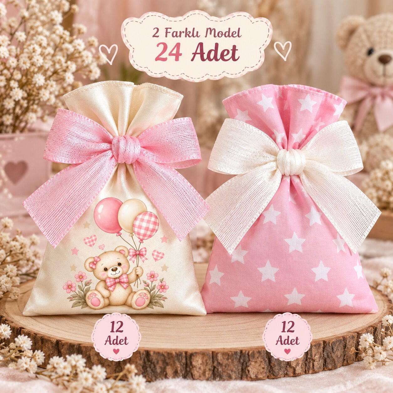İki Renkli Baskılı Kese Seti – İsimli Bebek Hediyelik Kesesi 24 Adet 9×12 cm