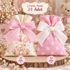 İki Renkli Baskılı Kese Seti – İsimli Bebek Hediyelik Kesesi 24 Adet 9×12 cm