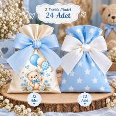 İki Renkli Baskılı Kese Seti – İsimli Bebek Hediyelik Kesesi 24 Adet 9×12 cm