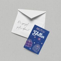 Yılbaşı Mutlu Yıllar Yazılı Hediye Kart Seti, Yeniyıl Paketleme Kartı, 25 Adet-5,5x8.5 Cm, Mavi