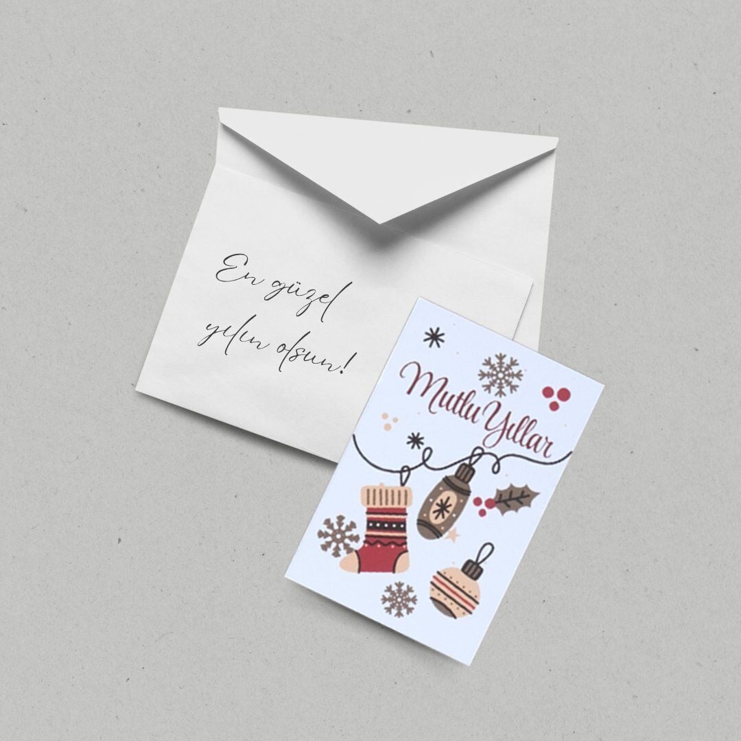 Yılbaşı Mutlu Yıllar Yazılı Hediye Kart Seti, Çorap Temalı Paketleme Kartı, 25 Adet-5,5x8.5Cm, Beyaz