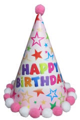 ŞAPKA KÜLAH PONPONLU HAPPY BIRHDAY PEMBE PK:1