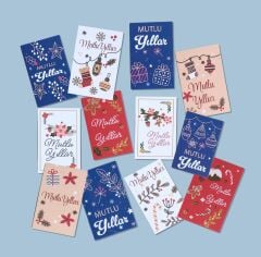 Yılbaşı Mutlu Yıllar Yazılı Hediye Kart Seti, Yeniyıl Paketleme Kartı, 25 Adet-6,5X10 Cm, Bej-2