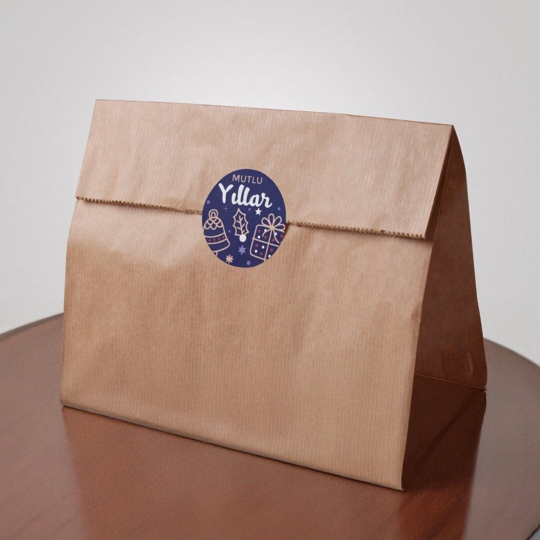 Yılbaşı Temalı Mutlu Yıllar Sticker Seti, Yeni Yıl Hediye Paketleme Etiketi, 108 Adet, 33x33mm, Mavi