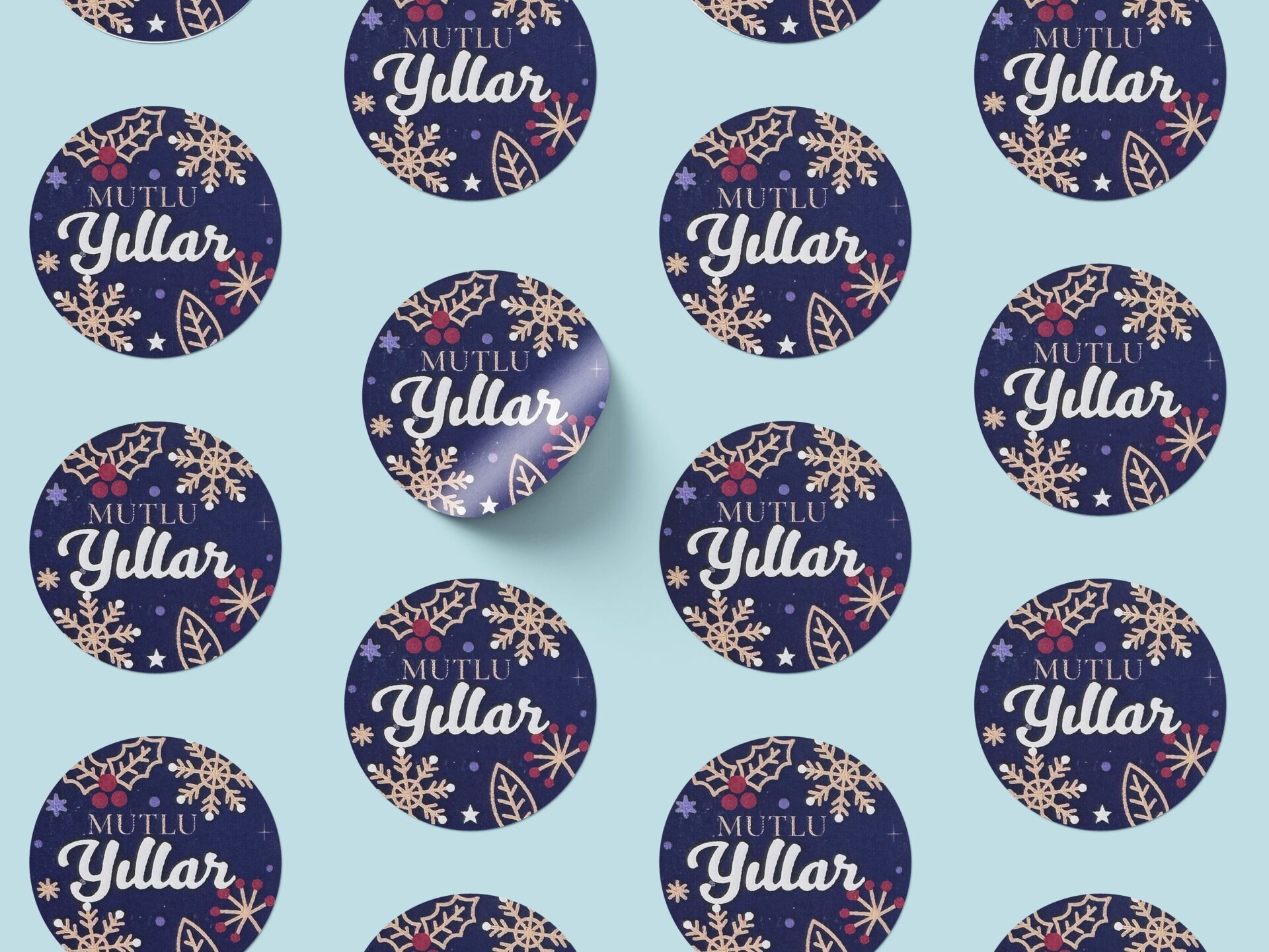 Yılbaşı Mutlu Yıllar Sticker Seti, Yeni Yıl Hediye&Paket Etiketi, 108 Adet, 33x33mm, Mavi(4 Tasarım)