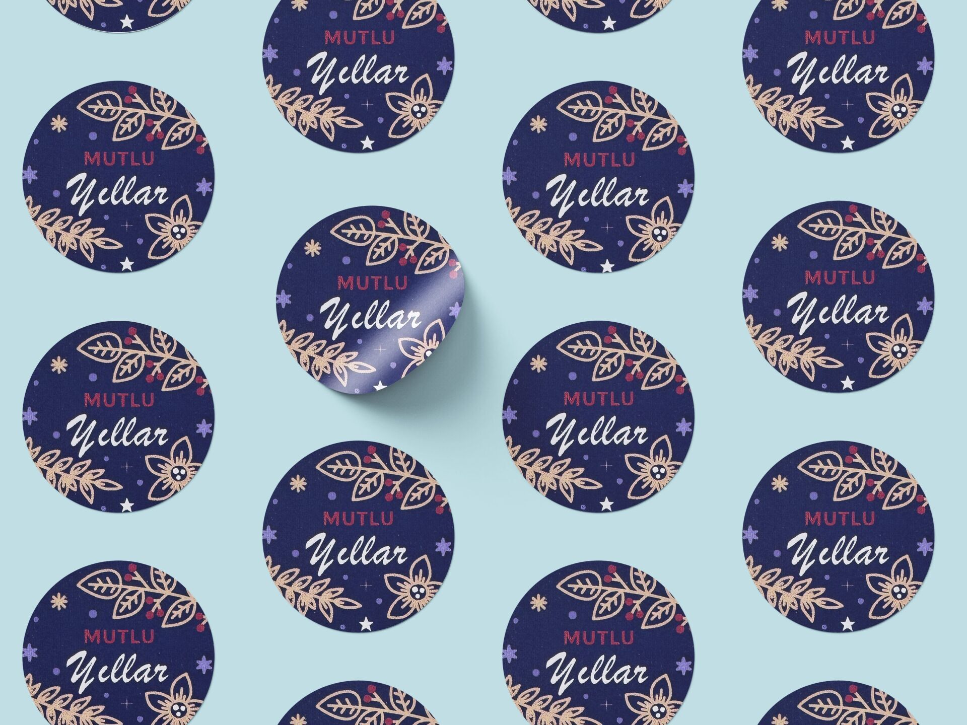 Yılbaşı Mutlu Yıllar Sticker Seti, Yeni Yıl Hediye&Paket Etiketi, 108 Adet, 33x33mm, Mavi(4 Tasarım)