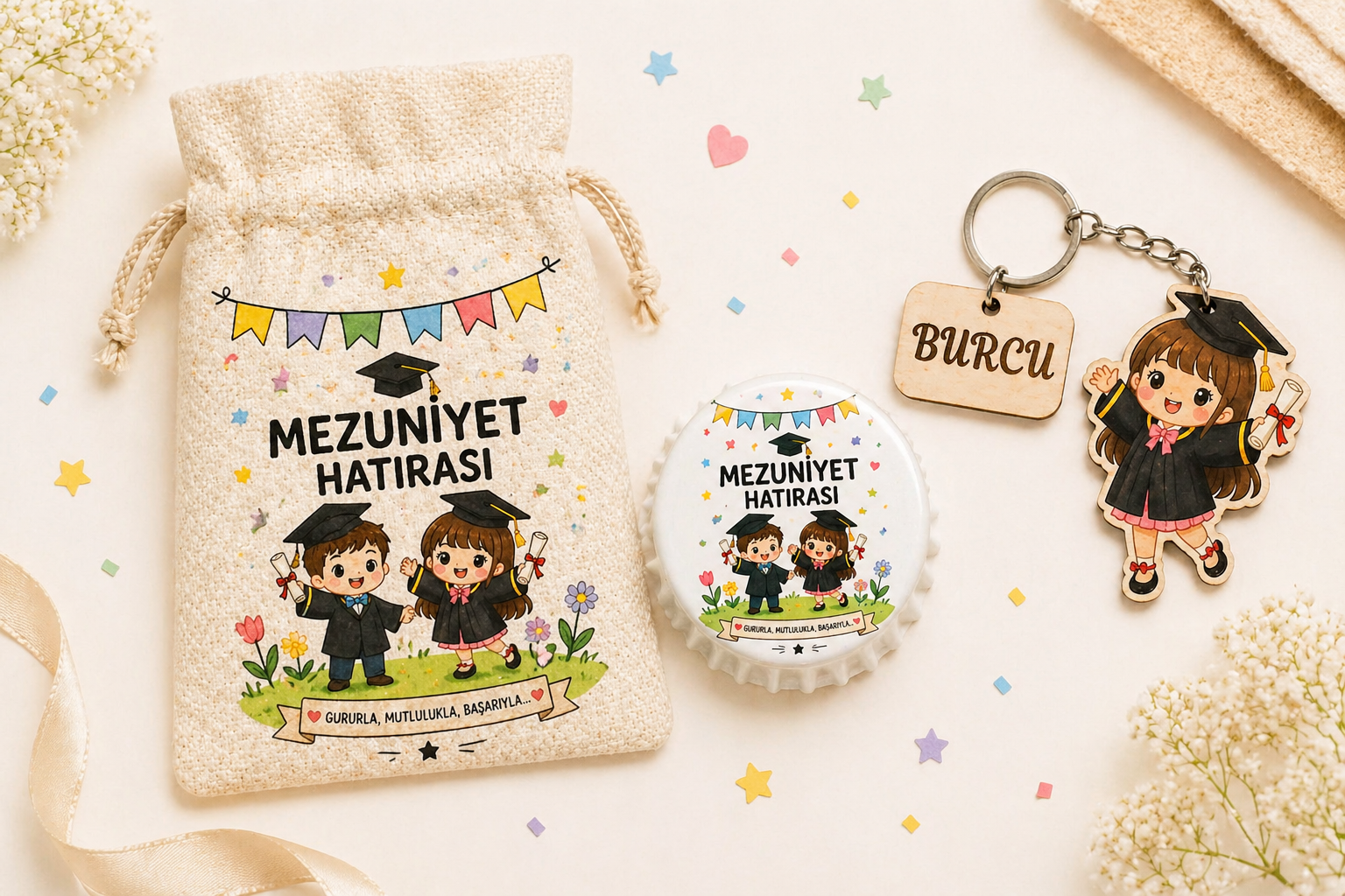 20 li Set Mezuniyet kese & anahtarlık & açacak  hediyelik KIZ