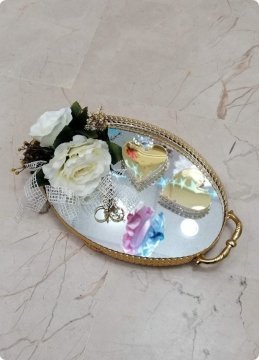 Süslü Metal oval tepsi kalp yükselticili çiçekli tepsi ALTIN