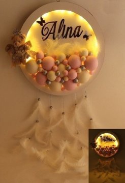 Süslü Işıklı Ayıcıklı İsme Özel Toplu Kapı Süsü(Beyaz) PEMBE