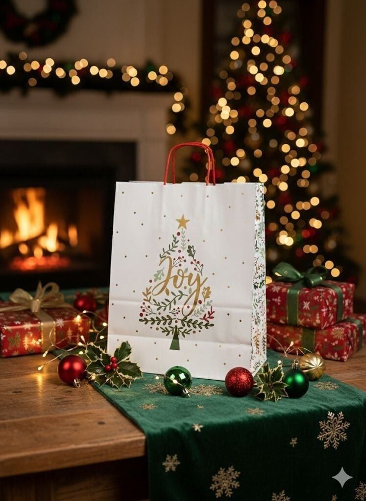 25 Li 25x31 cm Büküm saplı Yılbaşı Ağaçlı Kağıt Çanta-Poşet