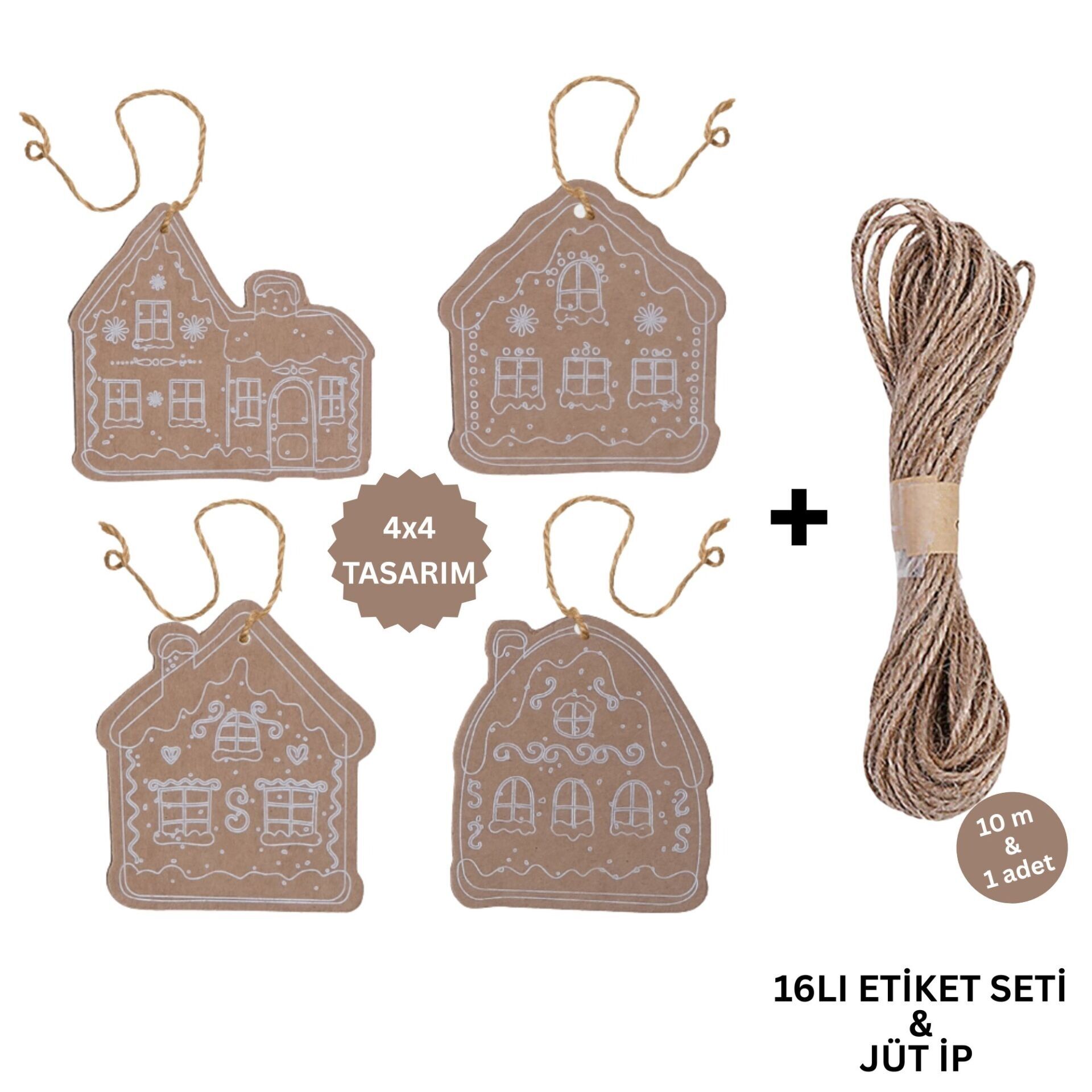 Yılbaşı, Gingerbread Ev Tasarımlı Hediye Etiket  Kraft Delikli Tebrik Kartı Seti