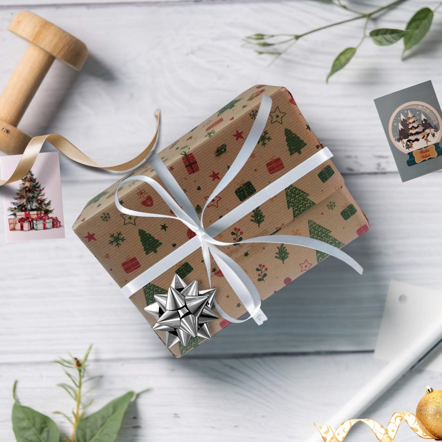 İtalyan Hediye Paketleme Kağıdı, Kraft Çam Desenli Ambalaj Kağıdı