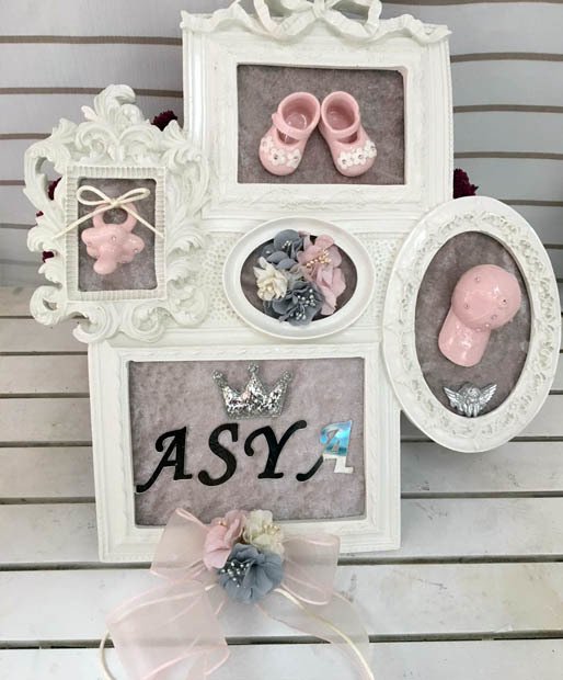 (Süslü ) Boyalı, Kumaş Kaplamalı Polyester Beşli ( 5 li ) Resim Çerceve Kapı Süsü Kapı Süsü