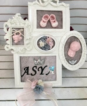 (Süslü ) Boyalı, Kumaş Kaplamalı Polyester Beşli ( 5 li ) Resim Çerceve Kapı Süsü Kapı Süsü
