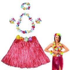 Hawaii Dans Kostümü – Kırmızı Hula Etek & Çiçek Kolye Seti