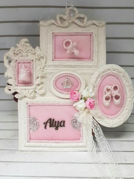 Bebek Odası ; 5 Li  Polyester Kumaş Kaplı Kapı Süsü Çerçeve(Süslü)