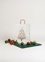 Yılbaşı Çam Desenli Kağıt Çanta, Yeniyıl Kırmızı Saplı Hediye Poşeti, 12x25x31 Cm - 6 Adet, Beyaz