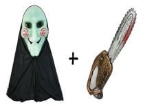 Yeşil Neon Renk Pelerinli Testere Saw Maskesi ve Testerenin Kılıcı