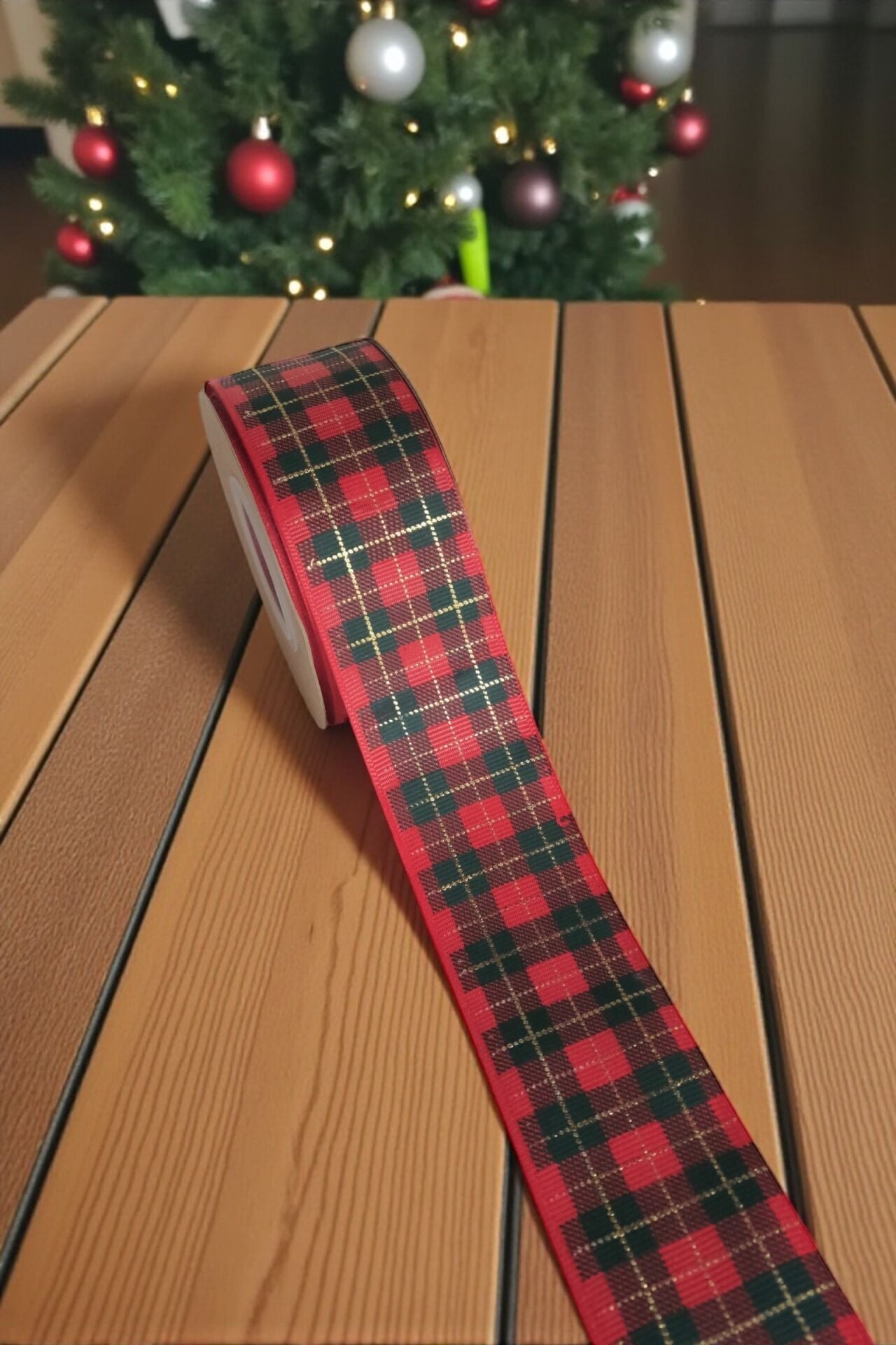 Yılbaşı Kırmızı  Grogren Kurdele – Ekose Desenli Hediye Paketleme, Hobi Süsleme Şeridi, 2.5 Cm - 18 M