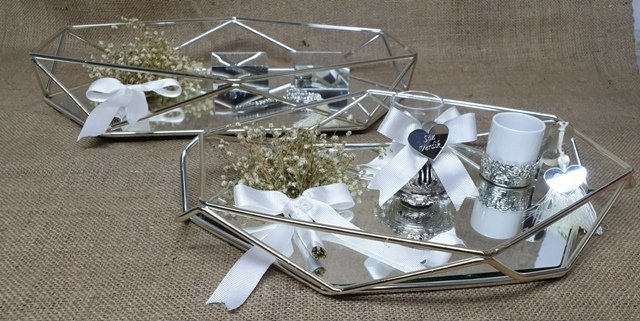 Buket çiçek süslü prizma model söz, nişan yüzük tepsisi / damat kahvesi TAKIM ALTIN