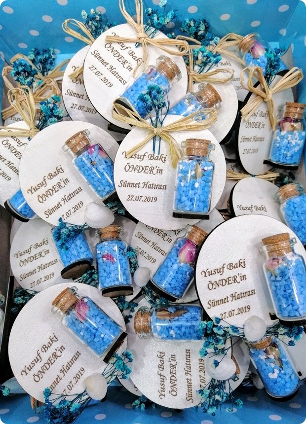 50 li Süslü Ahşap Şişeli magnet Mavi - 100 Adet / Paket