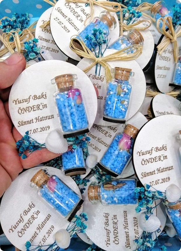 50 li Süslü Ahşap Şişeli magnet Mavi - 100 Adet / Paket