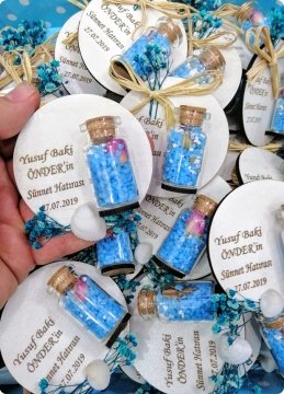 50 li Süslü Ahşap Şişeli magnet Mavi - 100 Adet / Paket