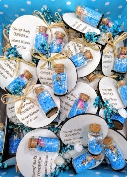 50 li Süslü Ahşap Şişeli magnet Mavi - 100 Adet / Paket