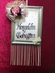 Süslü İnci Saçaklı Hoşgeldin bebeğim çerçeve Kapı süsü MAVİ