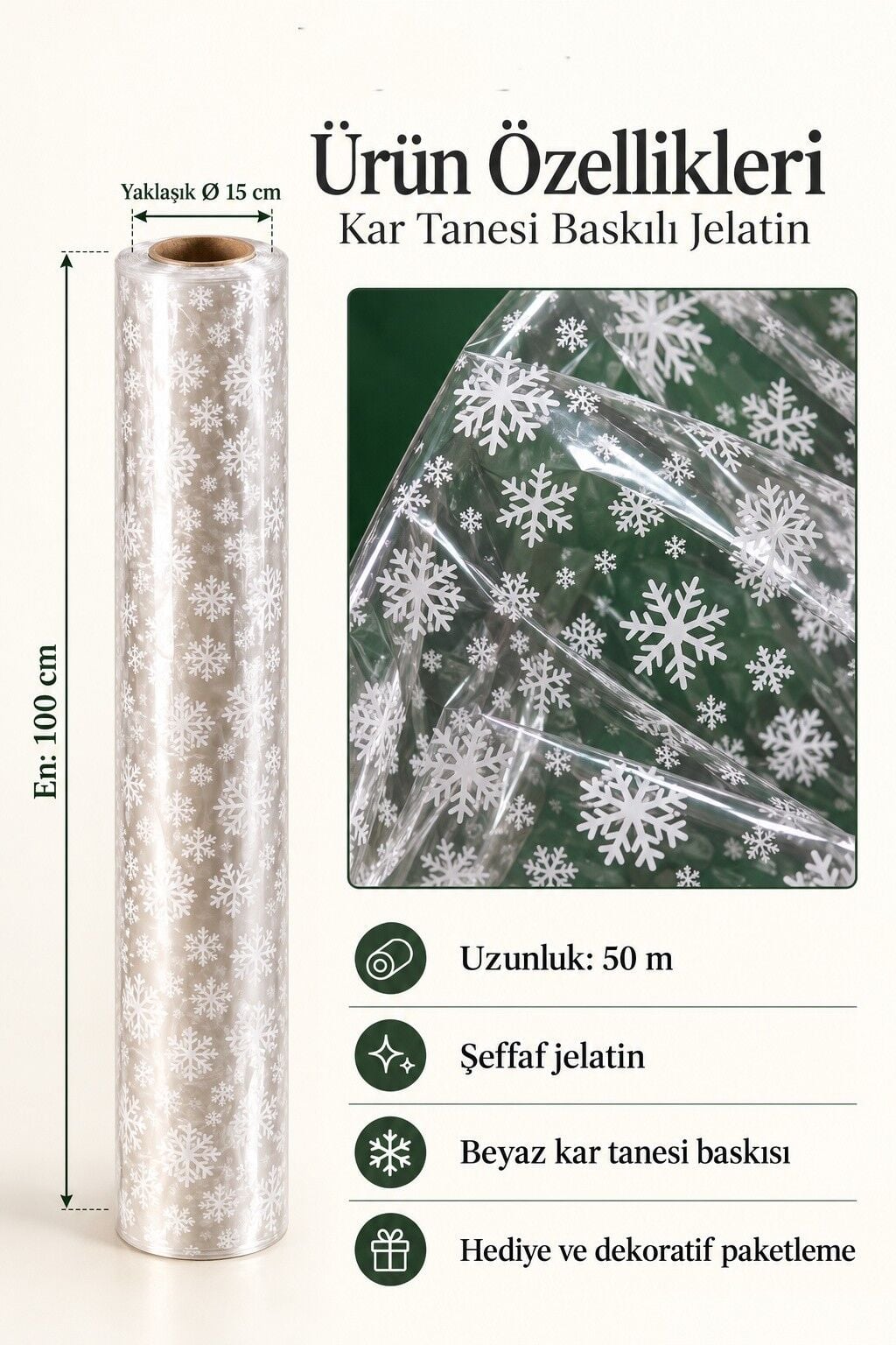 Yılbaşı Kar Tanesi Desenli OPP Şeffaf Rulo Jelatin, Çiçek & Hediye Paketleme, 20 Mikron-1Metre x50M