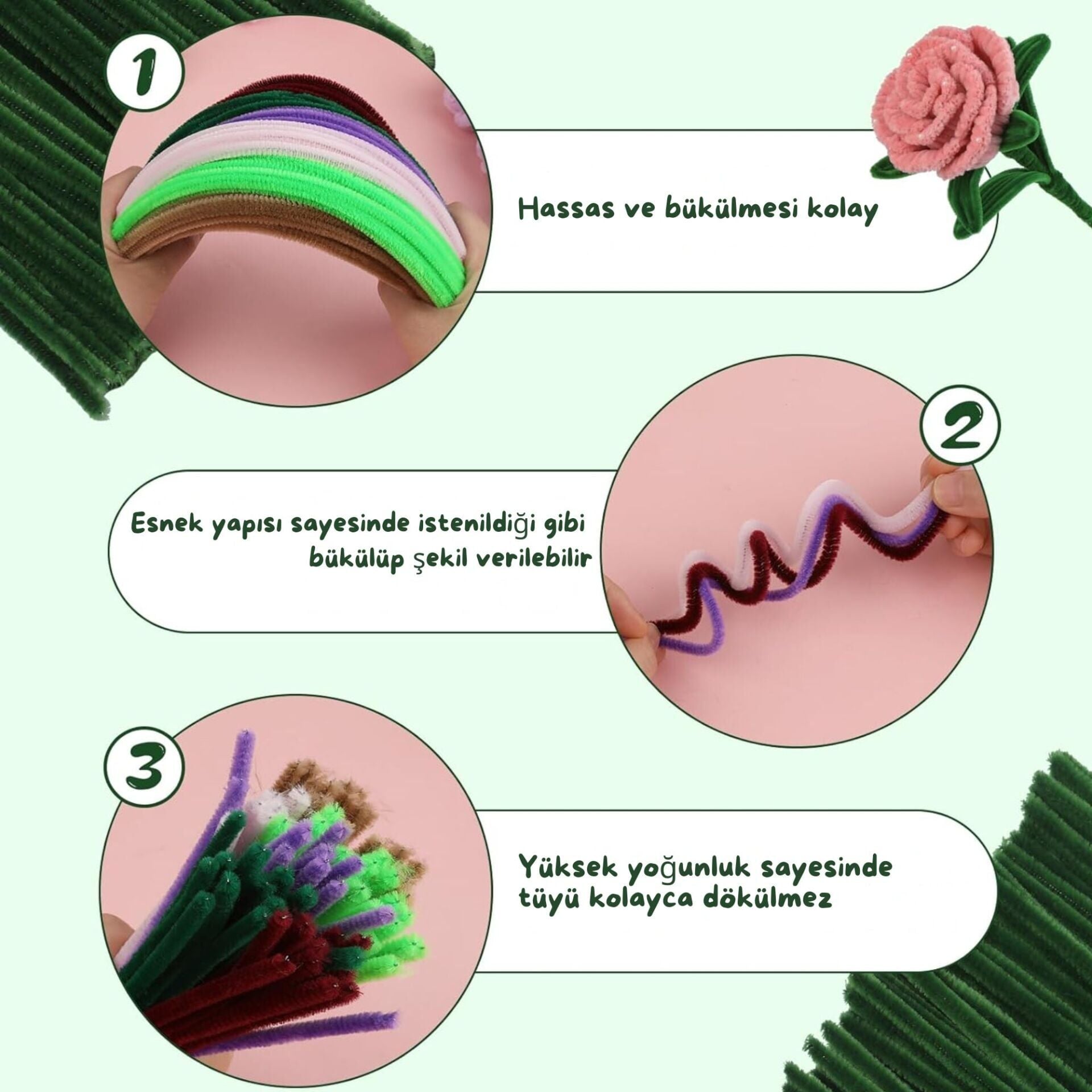 Şönil Tel,  El İşi, DIY, Hobi ve Çiçek Yapım Teli, Haki Yeşil, 100 Adet, 6 mm - 30 Cm