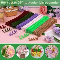 Şönil Tel,  El İşi, DIY, Hobi ve Çiçek Yapım Teli, Haki Yeşil, 100 Adet, 6 mm - 30 Cm