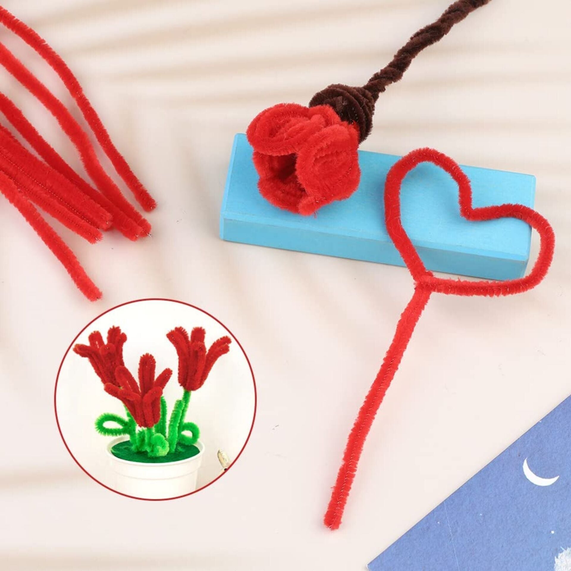 Şönil Tel,  – El İşi, DIY, Hobi ve Çiçek Yapım Teli, Kırmızı, 100 Adet, 6 mm - 30 Cm