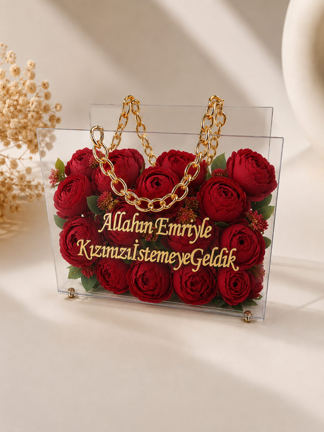 Kız isteme Çiçeği & Mika zincirli çiçek çantası KREM