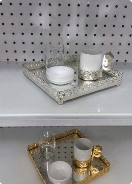 Kahve Tepsisi & Fincan Seti Metal Aynalı Kare