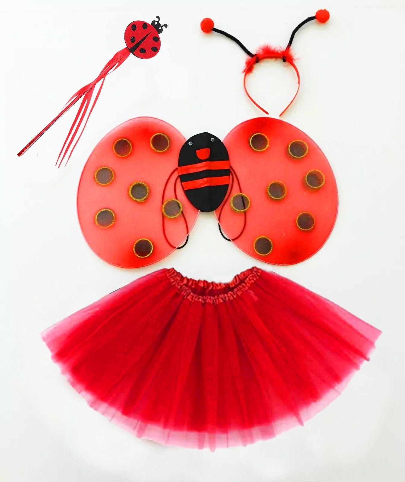 Kırmızı Uğur Böceği Ateş Böceği Kostüm Seti - (Tütü, Kanat, Taç, Asa)