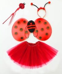 Kırmızı Uğur Böceği Ateş Böceği Kostüm Seti - (Tütü, Kanat, Taç, Asa)