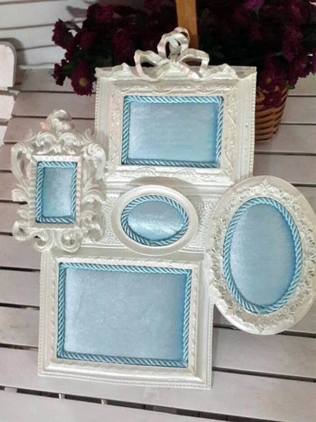 Kumaş(Mavi & Pembe Kadife) Kaplamalı Polyester Beşli ( 5 li ) Resim Çerçeve Kapı Süsü Fon