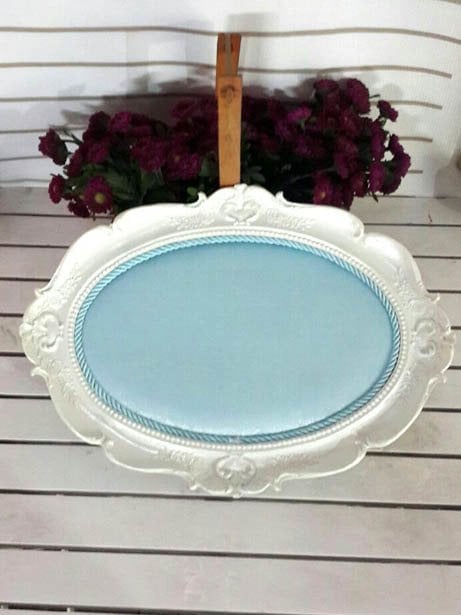 Oval Tepsi Çerçeve Polyester Mavi Kumaş Kaplı Kapı Süsü Fon