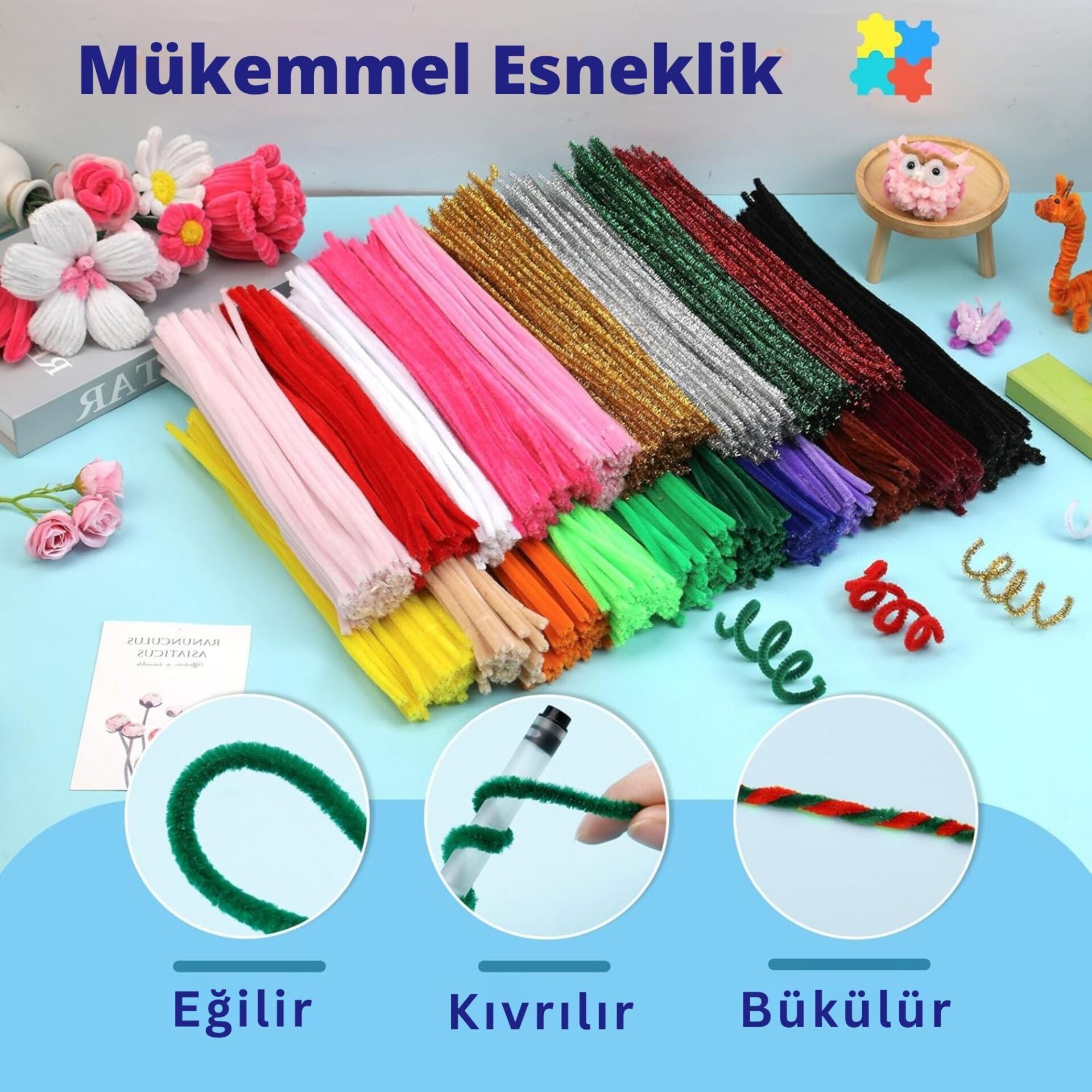 Şönil Tel,  – El İşi, DIY, Hobi ve Çiçek Yapım Teli, Saks Mavisi, 100 Adet, 6 mm - 30 Cm