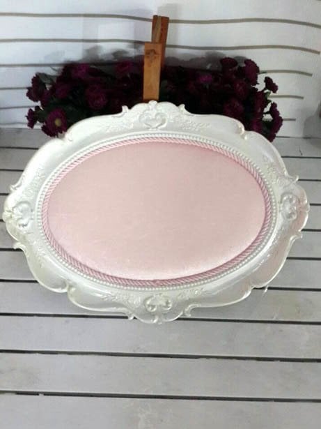 Oval Tepsi Çerçeve Polyester Pembe Kumaş Kaplı Kapı Süsü Fon