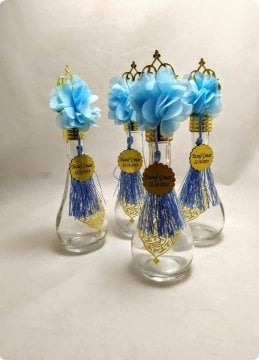 20 li Süslü Güneş Metalize Tepelikli Tuğra / Kilim Desenli İksir Cam Kolonya Şişesi