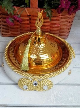 Süslü Kadife Simit Altlıklı Metal Kınalık,Lokumluk Sahan