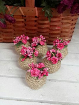 25 li jüt İpten Mini Fuşya Çiçek Küp Süslü Söz-Nişan Sekeri