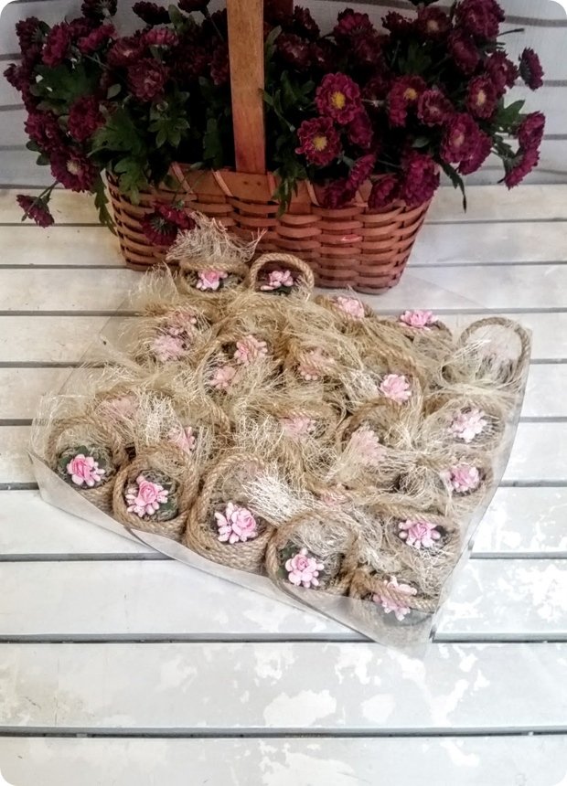 25 li jüt İpten Mini Pudra  Pembe Çiçek Sepeti Süslü Söz-Nişan Sekeri
