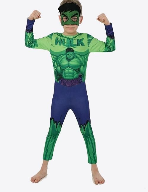 Yeşil Maskeli Baskılı Hulk Kostümü Çocuk Boy - Yeşil Dev Kostümü 7-8 Yaş