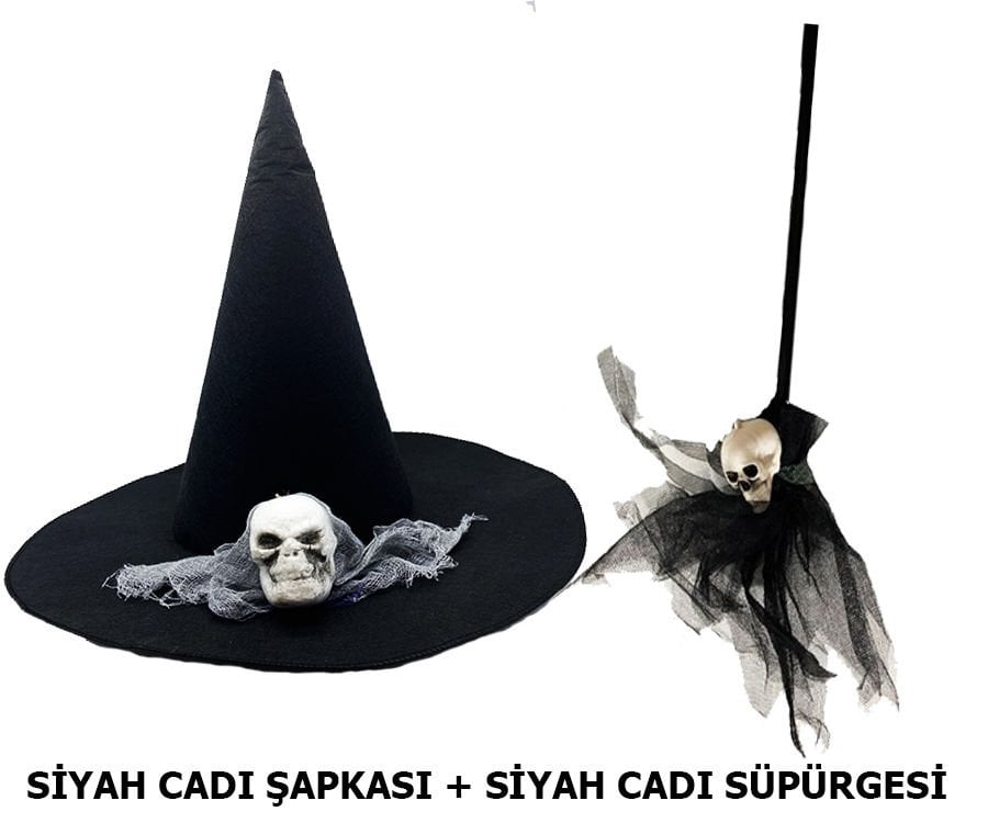 Cadı Şapkası Kuru Kafa Temalı + Cadı Süpürgesi Kuru Kafa Temalı - 2 li Set